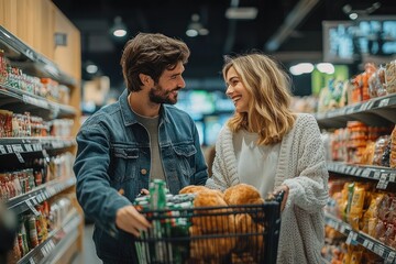 Couple Enjoying Shopping Together in Modern Grocery Store with Cart
