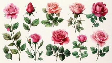 Watercolor Pink Roses and Green Leaves Botanical Illustration with Garden Flowers and Branches