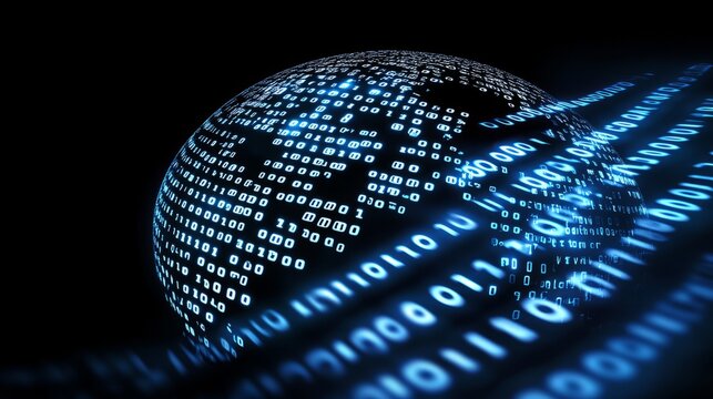 Digital World Representation with Binary Code Flowing Across a Global Sphere