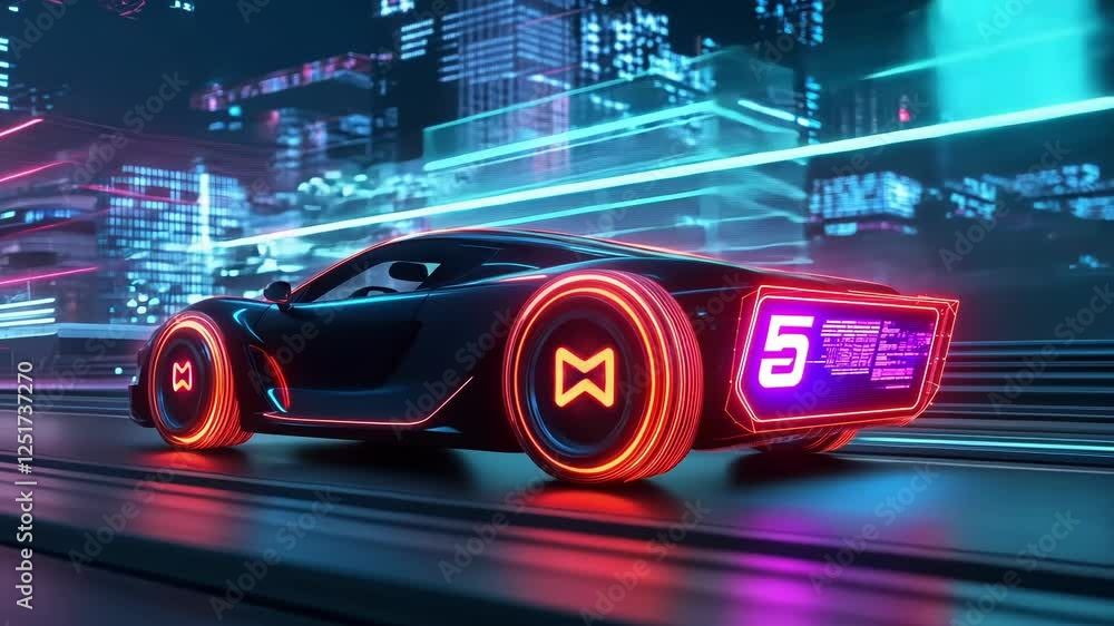 Poster autonomous vehicle navigating a virtual landscape, showcasing advanced technology and the potential 