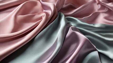 Close-up of elegant pink satin fabric, showcasing smooth, flowing folds and a glossy texture, exuding luxury and softness.
