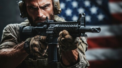 Fototapeta premium Soldier aiming machine gun with national flag backdrop in dramatic close-up setting