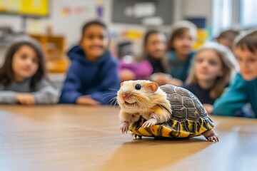 A friendly classroom pet, like a hamster or turtle, as students gather around to observe and learn.