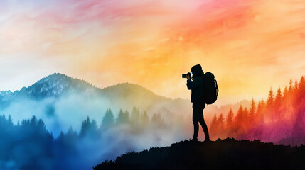 Blogger with Camera and Backpack Against Scenic Mountain Backdrop