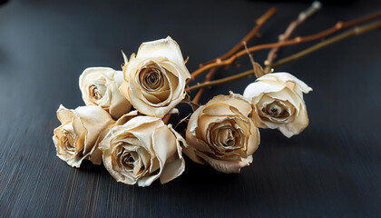 dried white roses on a dark background close up