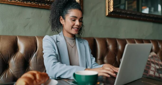 Coffee shop, laptop and remote work with business woman in booth for startup research. Computer, email and typing with freelance employee drinking beverage in cafe for administration and planning