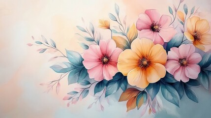 Obraz premium Wedding Inspired Watercolor Floral Bouquet Collection with Pink Yellow Blue Flowers Green Leaves for Stationery and Wallpaper Design