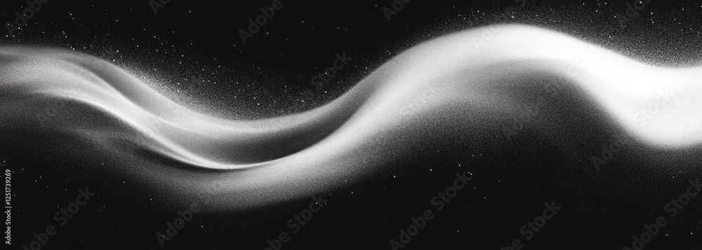 Poster monochromatic abstract design soft flowing curves light gray wave black background grainy texture mi