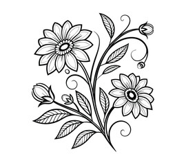 Create a highly detailed black-and-white line art illustration of a floral arrangement. The design should feature three large flowers with symmetrical petals, intricate circular centers.