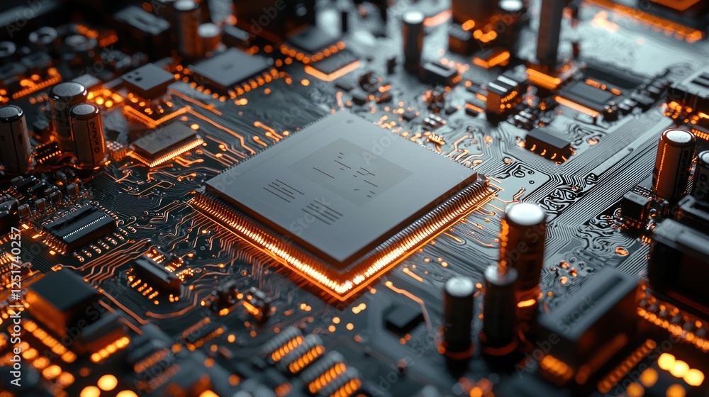 Poster close-up of a computer microchip on a circuit board with glowing orange details