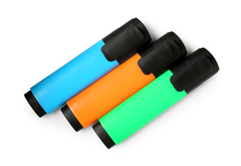 Bright highlighters isolated on white, top view