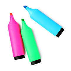 Bright highlighters isolated on white, top view