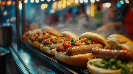 Fototapeta premium A casual street food setting with a vendor selling sizzling sausages in a bun, topped with colorful condiments and fresh vegetables, capturing the essence of vibrant street dining.