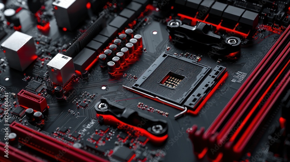 Poster close-up of a computer motherboard with red led backlighting