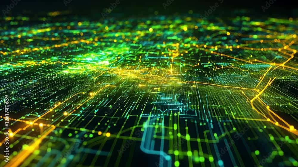 Poster glowing yellow and green lights illuminating a futuristic city at night, simulating data flowing thr