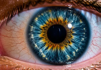 extreme close-up of a vibrant blue and gold iris with deep black pupil
