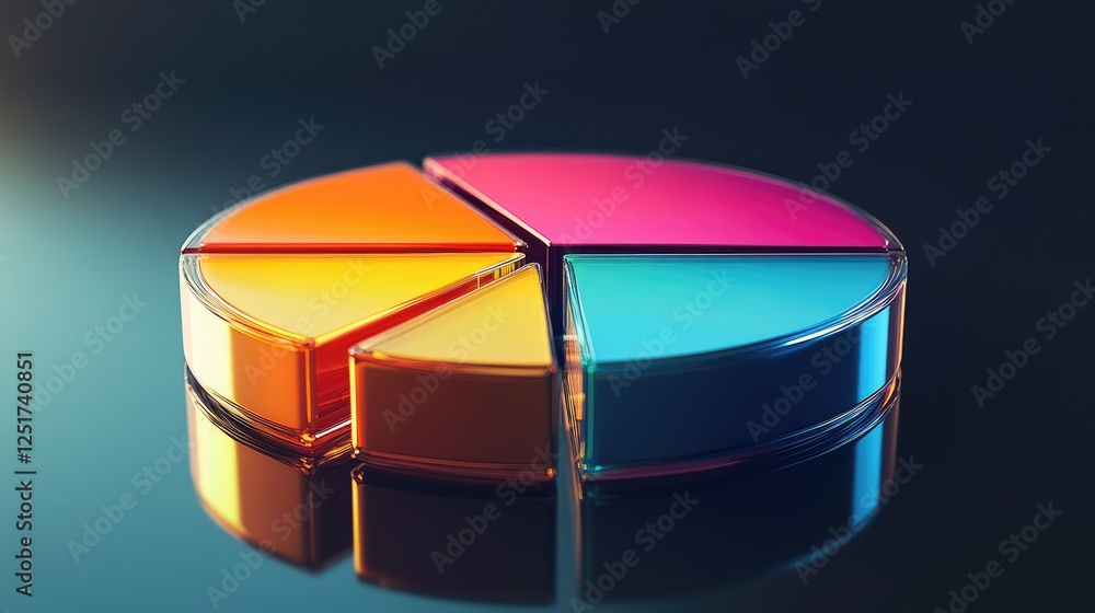 Poster a close-up of a d pie chart with gradient colors, showcasing financial statistics, with each slice s