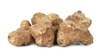 Fresh Jerusalem artichokes isolated on white. Root vegetable