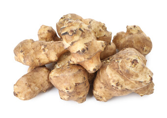 Fresh Jerusalem artichokes isolated on white. Root vegetable
