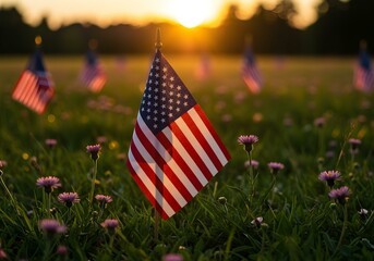 patriotic scene with usa flag among flowers and warm sunset glow
