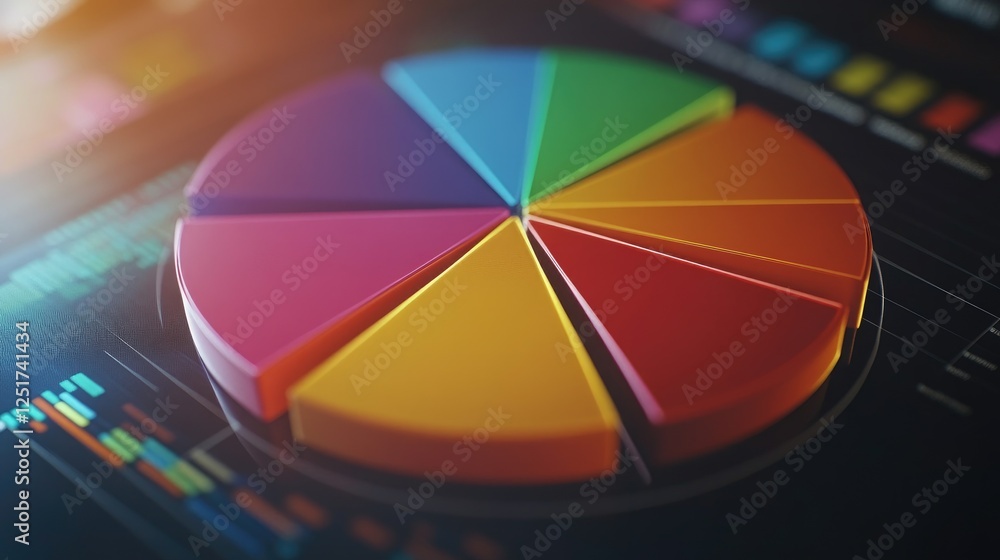 Poster a close-up of a colorful pie chart on a computer screen, showcasing data distribution and percentage