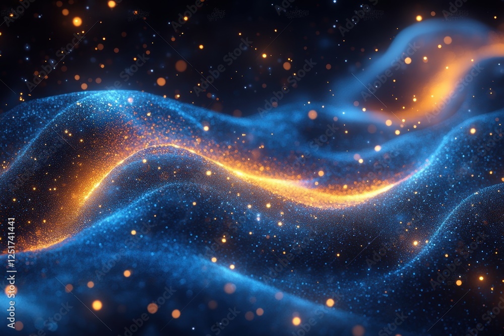 Poster abstract wave of blue and orange particles creating a cosmic effect.