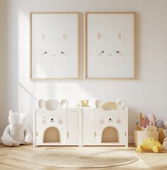 White Children's Storage Units with Animal Prints in a Kid's Room