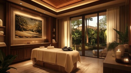 Fototapeta premium serene spa interior featuring massage table, candles, and lush greenery outside