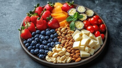 Vibrant Food Platter with Nuts Cheese Strawberries Blueberries Tomatoes Modern Still Life Arrangement