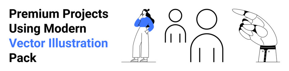 Human figures, woman in blue pondering, robotic hand pointing. Ideal for technology, innovation, teamwork, futuristic themes, creative processes, modern art flat landing page banner