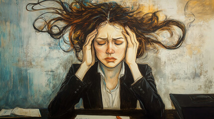 Overwhelmed Woman Holding Head in Pain and Stress