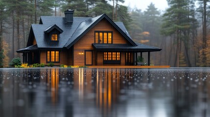 Fototapeta premium Rainy autumn house reflection, forest, real estate