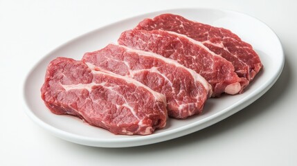 Fototapeta premium A close-up of a fresh pork tenderloin displayed on a white plate, with a clean, white background highlighting its vibrant color and texture.