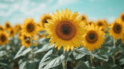 Obraz premium Sunflower field blooming in sunny weather rural landscape nature photography vibrant environment close-up viewpoint serenity concept