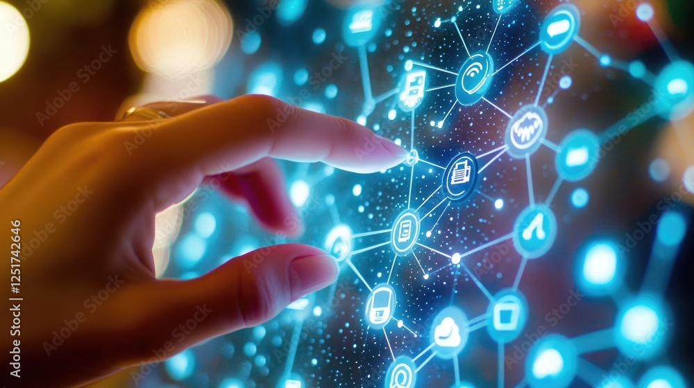 Poster a close-up of a hand touching a holographic screen displaying a digital network, with lines connecti