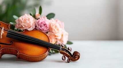 Fototapeta premium Violin resting on table with roses