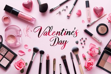 Romantic Valentine's Day makeup flatlay featuring various cosmetics and tools arranged on a pink background.
