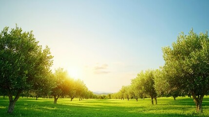 Obraz premium Morning sunlight illuminates olive trees in a vibrant green orchard nature photography serene landscape warm environment wide viewpoint