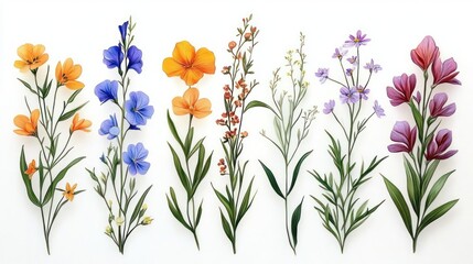 Wildflowers Botanical Illustration Watercolor Elements Herbal Branches Exotic Leaves White Background