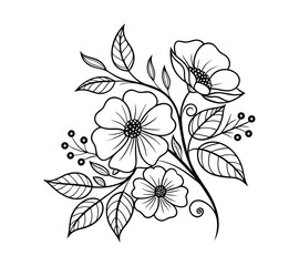 Create a highly detailed black-and-white line art illustration of a floral arrangement. The design should feature three large flowers with symmetrical petals, intricate circular centers.