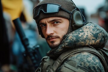 Soldier in Urban Camouflage Tactical Gear Holding Rifle