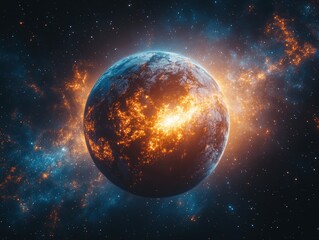 Naklejka premium A vibrant planet surrounded by cosmic elements, showcasing a fiery glow.