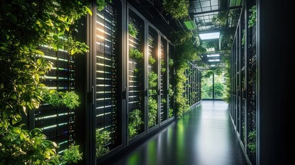 Eco-Friendly Data Center Interior with Greenery and Sustainable Technology