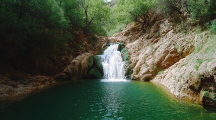 Cascading waterfall surrounded by lush greenery serene nature scene scenic landscape peaceful environment aerial view tranquility and beauty