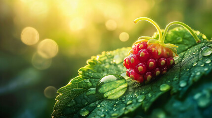 Vibrant wild strawberry with morning dew drops resting on green leaf against blurred natural background with golden bokeh, extreme macro photography capturing fresh organic berry with pure water dropl