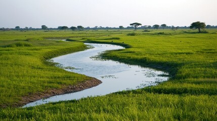 Flowing river through lush green fields serene landscape nature photography rural setting wide-angle view tranquil environment