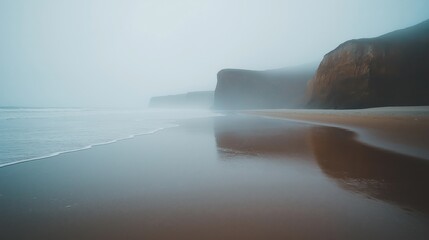 Calm misty beach with reflections of cliffs on smooth water at sunrise