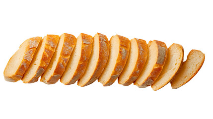 Freshly sliced golden French baguette arranged in perfect row with crusty exterior and soft interior visible on white background, traditional artisanal bakery product showcasing quality bread craftsma