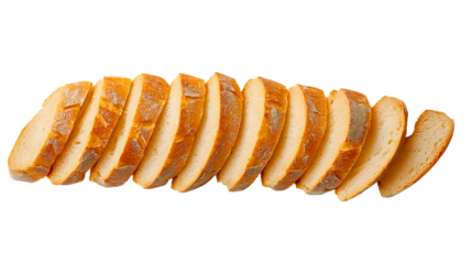 Freshly sliced golden French baguette arranged in perfect row with crusty exterior and soft interior visible on white background, traditional artisanal bakery product showcasing quality bread craftsma