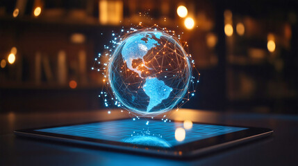 Futuristic 3D holographic globe projection rising from digital tablet screen with glowing connection network points, high-tech global communication concept representing worldwide internet connectivity